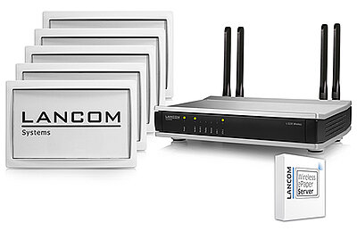 Produktcollage vom LANCOM Wireless ePaper Conference Set