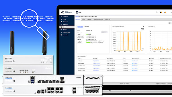 Screenshot der LANCOM Managment Cloud und der neuen Tabelle DHCP-Benutzer sowie Abbildung der Unified Firewalls und Icon mit Lupe auf IP-Adressen