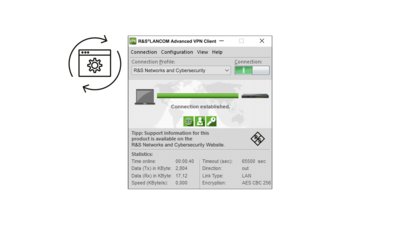 Login screen for the R&S®LANCOM Advanced VPN Client Windows after a successful connection with an apple-green circle in the upper left corner, in which a black lifecycle icon can be seen (desktop with cogwheel and two arrows representing a cycle around it)