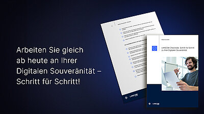 R&S Networks and Cybersecurity-Checkliste zur Digitalen Souveränität mit einem lächelnden Mann am Laptop, dunkelblauer Hintergrund mit Werbetext: "Arbeiten SIe gleich ab heute an Ihrer Digitalen Souveränität!"