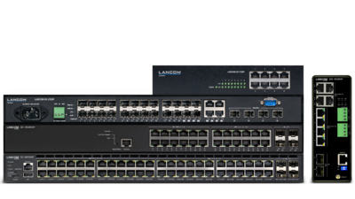 Product collage with LANCOM GS-4554XUP, GS-3628XUP, GS-2328F, GS-1108P, and IGS-3510XUP