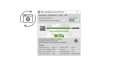 Anmeldemaske zum R&S®LANCOM Advanced VPN Client Windows bei erfolgreicher Verbindung mit einem apfelgrünen Kreis links oben daneben, in dem ein schwarzes Lifecycle-Icon zu sehen ist (Dektop mit Zahnrad und zwei einen Kreislauf abbildenden Pfeilen drumherum)