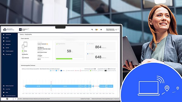 Abbildung Screenshot Wireless Client Explorer, Frau mit Laptop, Icon mit Laptop zur Nachverfolgung