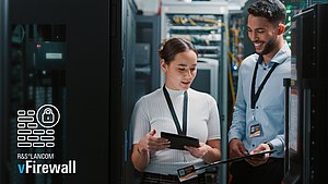 Two employees are standing in a server room, next to them is the icon of the R&S®LANCOM vFirewall