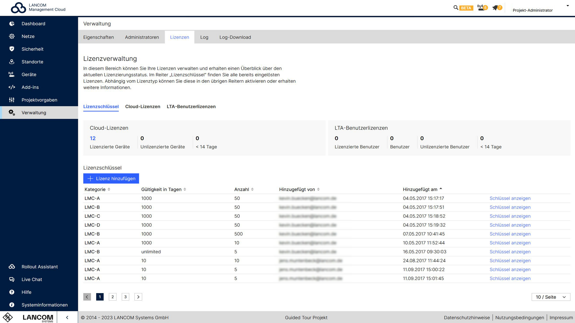 Screenshot: Lizenzverwaltung in der R&S®LMC