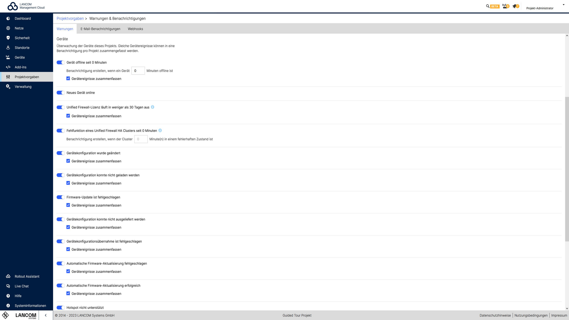 Screenshot: Einstellungen der Projektvorgaben in der R&S®LMC