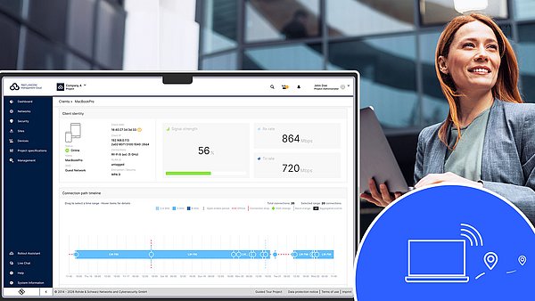 Screenshot of Wireless Client Explorer, woman with a laptop, laptop icon for tracking