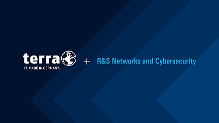 Terra logo above a plus sign, with Rohde & Schwarz Networks and Cybersecurity below on blue