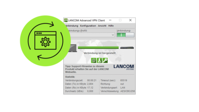 Anmeldemaske zum R&S®LANCOM Advanced VPN Client Windows bei erfolgreicher Verbindung mit einem apfelgrünen Kreis links oben daneben, in dem ein schwarzes Lifecycle-Icon zu sehen ist (Dektop mit Zahnrad und zwei einen Kreislauf abbildenden Pfeilen drumherum)