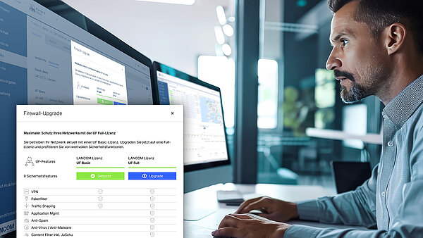 Visual Mann arbeitet am Computer, Vergrößerung Screenshot UF Lizenz Upgrade