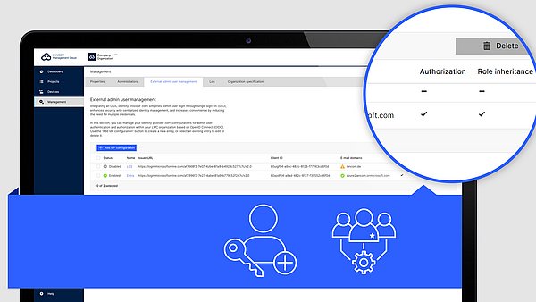Screen with R&S®LMC UI, two icons for authorization and role assignmen