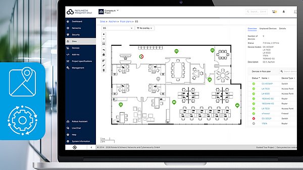 [Translate to English:] Two Icons: Floorplan and Management and a screen within the floor plan overview in the R&S®LMC