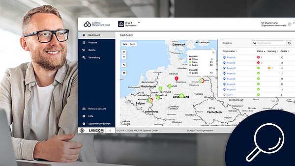 Abbildung glücklicher Mann, Abbildung Screenshot mit R&S®LMC sowie Icon (Lupe)