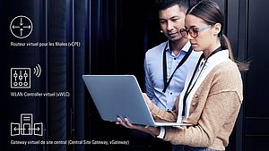 Deux collaborateurs regardent un ordinateur portable, à côté duquel sont représentés des icônes de vCPE, vWLC et vGateways.