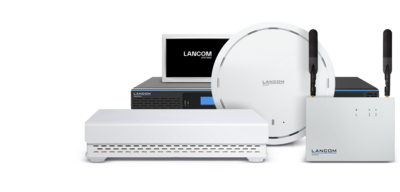 Collage of various R&S®LANCOM WLAN products: Round and rectangular white access points, a black WLAN controller, an ePaper display, and an industrial access point with antennas