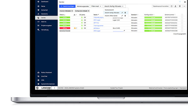 Screenshot der abgespeicherten Tabellenansichten in der R&S®LANCOM Management Cloud auf einem Notebook