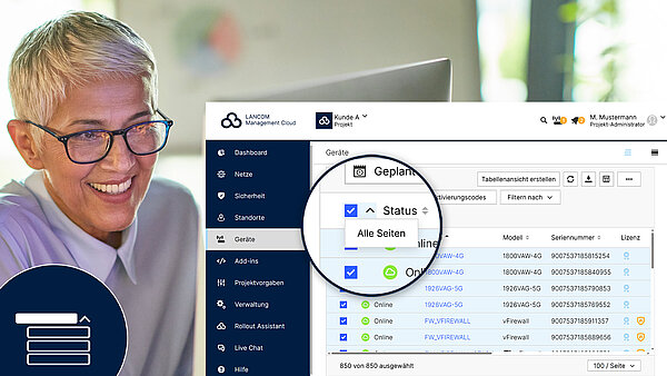 Bild mit einer lächelnden Frau, einem R&S®LANCOM Management Cloud Screenshot der Gerätetabelle mit Fokus auf den Button "Alle Seiten" sowie ein Icon in der linken Ecke zur Visualisierung des Buttons