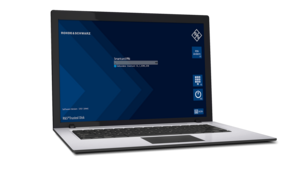 Photo of a laptop running the R&S®Trusted Disk hard disk encryption solution, with the user interface visible on the screen