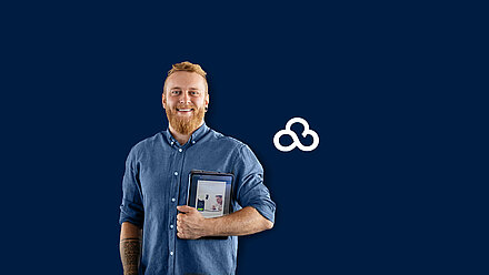 Man with tablet and logo of R&S®LANCOM Management Cloud on dark blue background