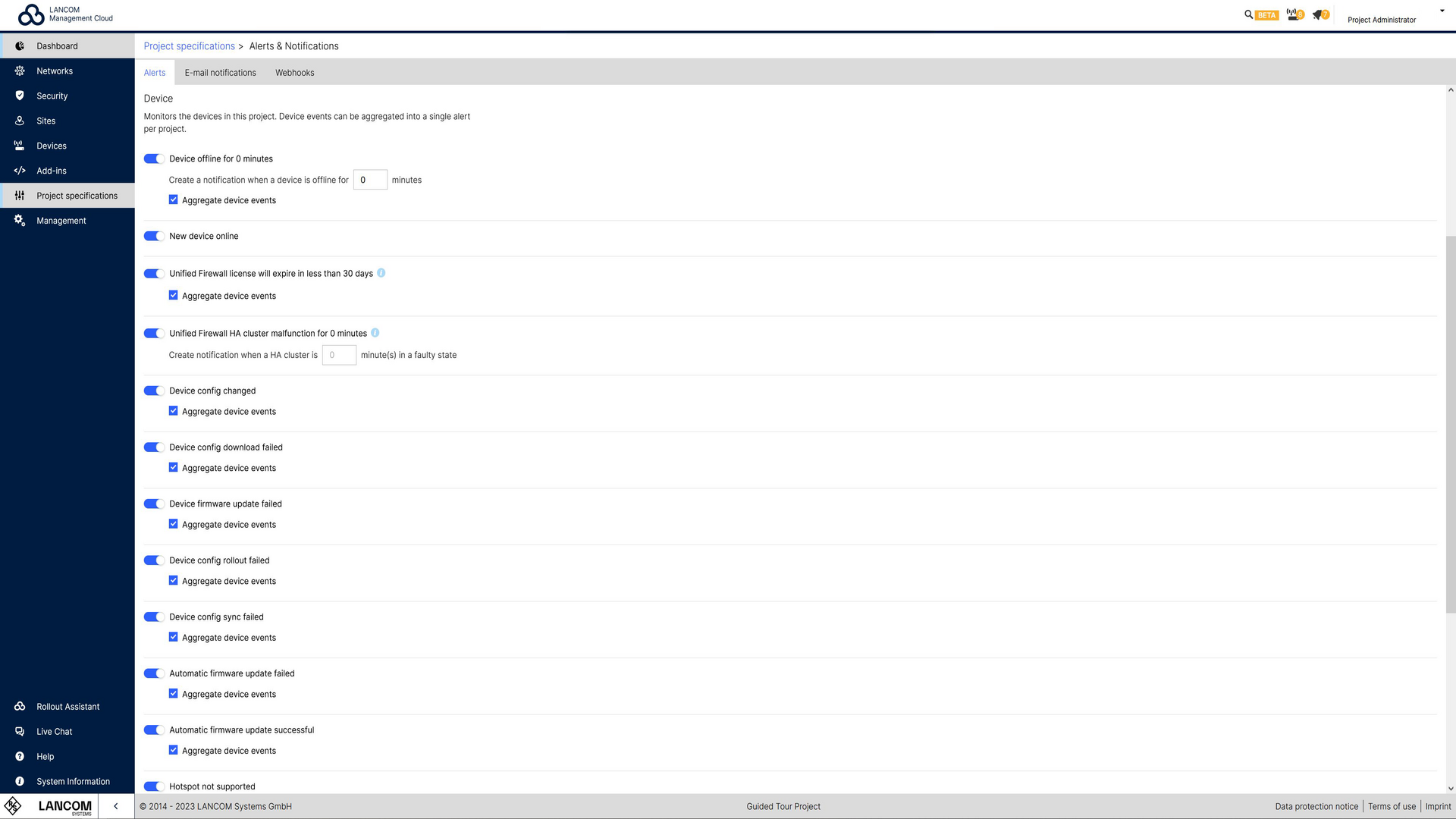 Screenshot: Einstellungen der Projektvorgaben in der R&S®LMC