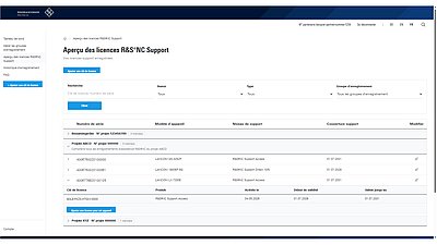Capture d'écran de l'aperçu des licences dans le R&S®NC Support Portal
