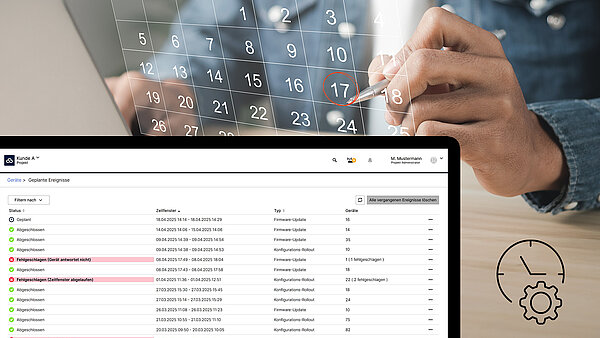 Visual mit Screenshot von R&S®LMC Oberfläche und Person, die einen Kalendereintrag tätigt