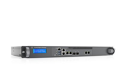 Front view of the R&S®Trusted Objects Manager, a central management appliance with a display as well as network, management, and USB ports.