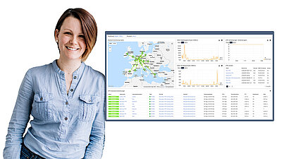 Frau mit kurzen Haaren lehnt sich entspannt an, neben ihr ist ein Screenshot des WAN/VPN-Dashboards der R&S®LMC zu sehen