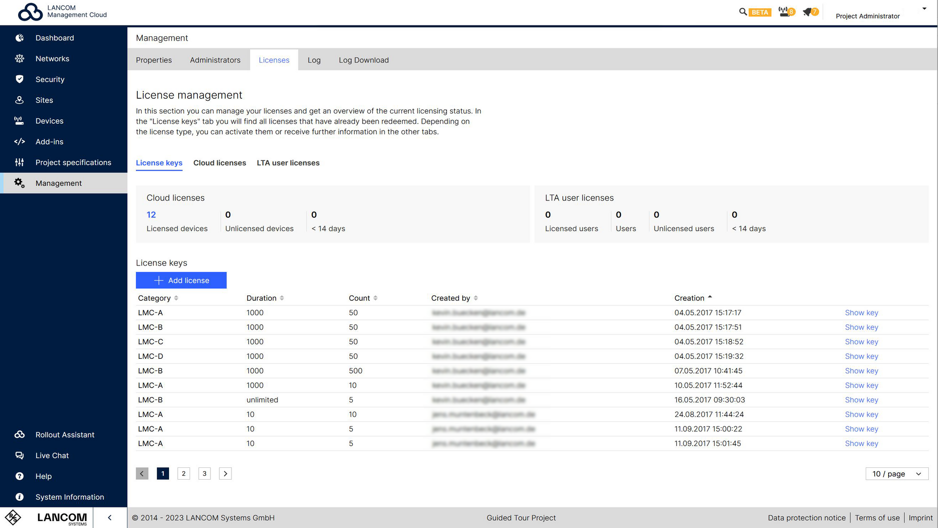 Screenshot: Lizenzverwaltung in der R&S®LMC