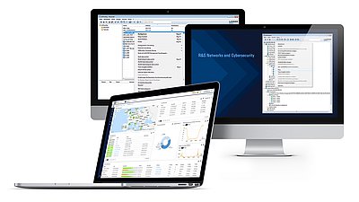 Collage of screens with R&S®LANCOM Management Cloud, LANconfig, and LANmonitor