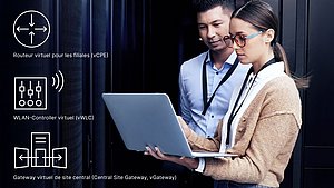 Deux collaborateurs regardent un ordinateur portable, à côté duquel sont représentés des icônes de vCPE, vWLC et vGateways.