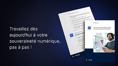 Liste de contrôle R&S Networks and Cybersecurity sur la souveraineté numérique avec un homme souriant devant son ordinateur portable, fond bleu foncé avec texte publicitaire : « Travaillez dès aujourd'hui à votre souveraineté numérique, pas à pas ! »