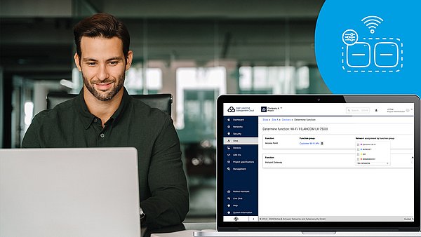Image of a man at a laptop, screenshot of LMC function groups, Wi-Fi settings icon 