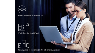 Deux collaborateurs regardent un ordinateur portable, à côté duquel sont représentés des icônes de vCPE, vWLC et vGateways.