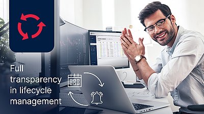 Man at computer, with a red EOL icon and a notification icon in front of him 