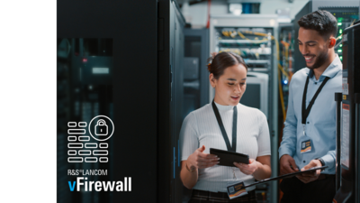 Two employees are standing in a server room, next to them is the icon of the R&S®LANCOM vFirewall