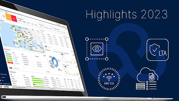 Laptop mit R&S®LMC Dashboard, daneben Icons zur Visualisierung der Highlight Feature