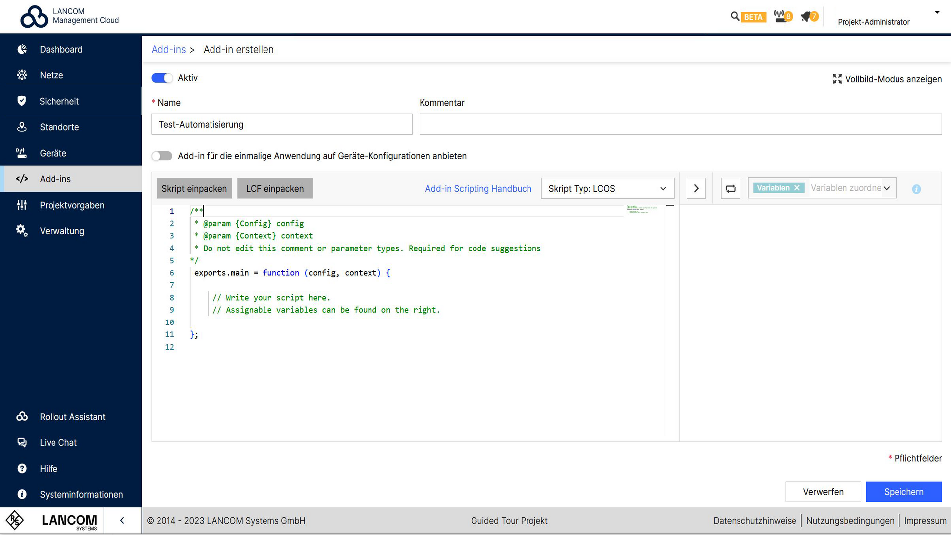 Screenshot: Add-ins in der R&S®LMC erstellen