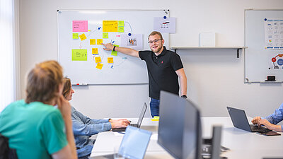 Several people looking at a flipchart and discussing tasks