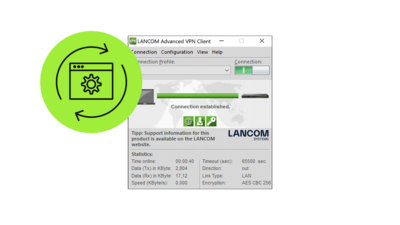 Login screen for the R&S®LANCOM Advanced VPN Client Windows after a successful connection with an apple-green circle in the upper left corner, in which a black lifecycle icon can be seen (desktop with cogwheel and two arrows representing a cycle around it)