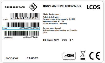 Label of a R&S®LANCOM device with blue marking of the serial number