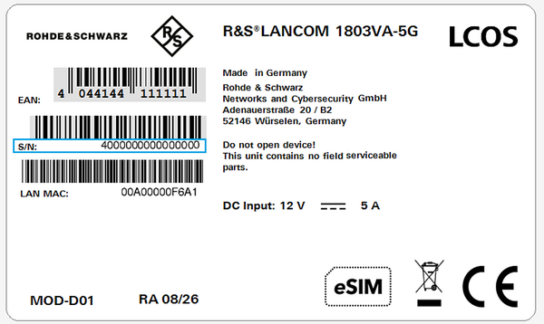 Label of a R&S®LANCOM device with blue marking of the serial number
