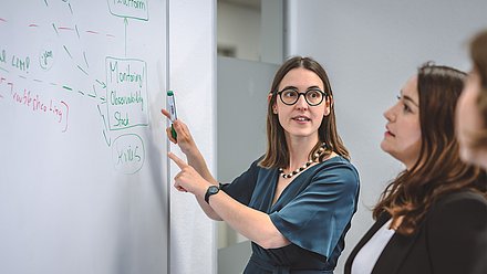 Two women discuss content at a whiteboard; one points to handwritten notes with a marker.