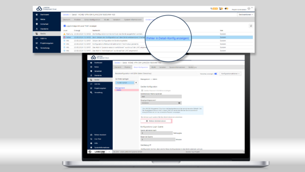 Screenshot der R&S®LANCOM Management Cloud auf einem Laptop mit Lupenansicht der neuen optimierten Fehlermeldungen