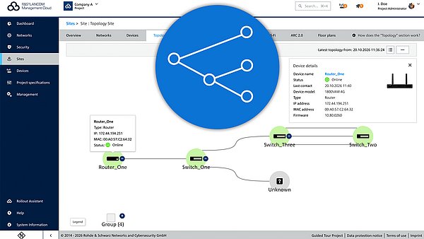 Image: R&S®LMC screenshot showing network topology and a blue icon with a topology