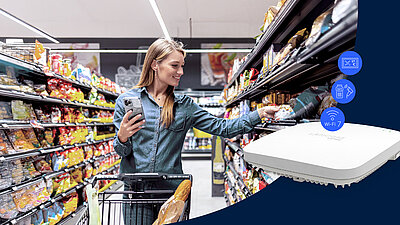 Woman in a supermarket uses a smartphone to select a product from a shelf. In the foreground, a R&S®LANCOM LX-7200 access point.