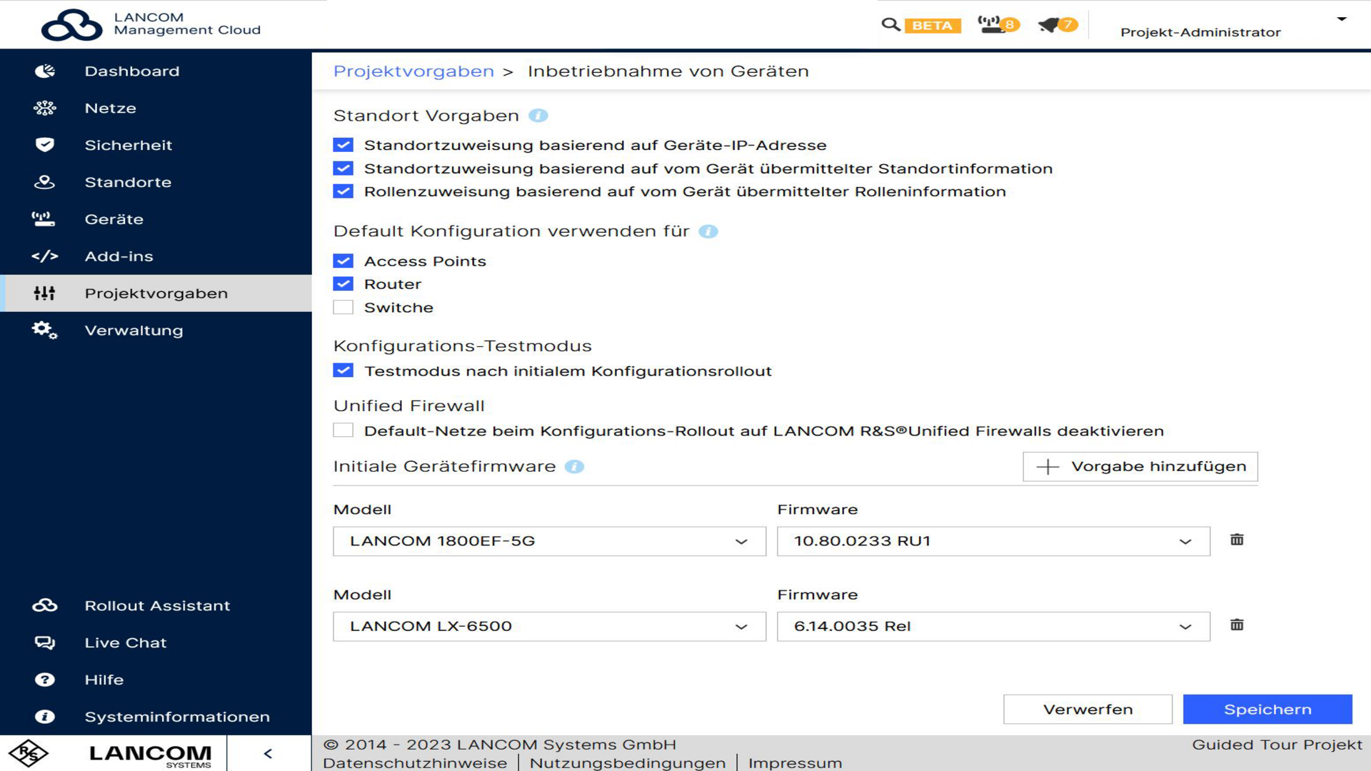 Screenshot: Einstellung der Projektvorgaben in der R&S®LMC