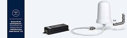 Produktkollage LANCOM WLAN-Zubehör mit dunkelblauem Verweis auf WLAN-Optimierungslösung R&S®LANCOM Active Radio Control™ 2.0