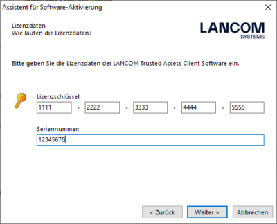 Screenshot zur Online-Aktivierung des R&S®LANCOM Advanced VPN Client