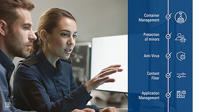 Woman points to icons showing security features of the operating system for the Unified Firewalls 